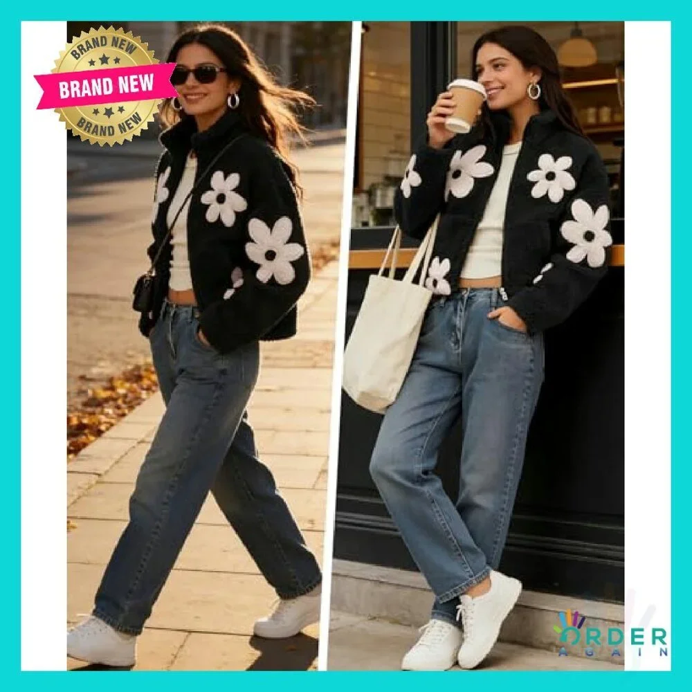 Floral Print Sherpa Fleece Cropped Jacket Oversized Y2K Chic Winter Casual